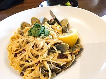 Product: Clam Linguine (Clams, bacon, Parmesan, garlic butter and white wine sauce) - Station 16 in Sacramento, CA Bars & Grills