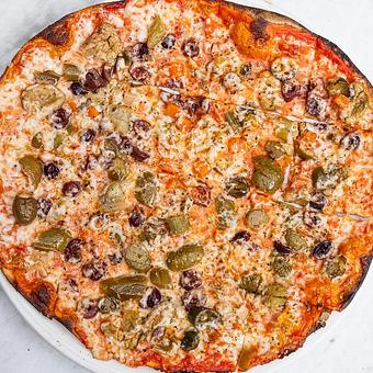Product: giardiniera and olive - manzanilla and kalamata olives, tomato sauce, mozzarella - Stella Barra Pizzeria & Wine Bar in Chicago, IL Pizza Restaurant
