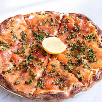 Product: Smoked Salmon Pizza with scallion cream, capers, lemon, chives - Summer House Santa Monica in Lincoln Park - Chicago, IL American Restaurants