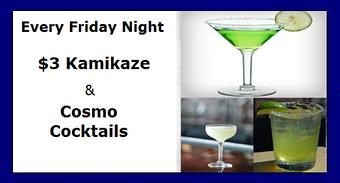 Product: EVERY FRIDAY NIGHT ~ $3.00 KAMIKAZE & COSMO COCKTAILS - Swiss Park Bar & Grille in Across from the Newpark Mall - Newark, CA Diner Restaurants