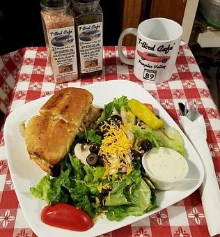 Product: Chicken Marguerite Sandwich with side salad - T-Bird Cafe in Peeples Valley, AZ Pizza Restaurant