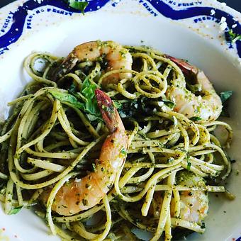 Product: Linguine with our luxurious Pesto Sauce.  Here with added Shrimp - The Back Door Bakery & Cafe in Sunland, CA American Restaurants