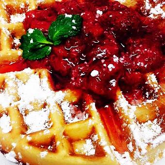 Product: Belgian Waffles with a Strawberry Compote - The Bar in Cape Girardeau, MO Bars & Grills