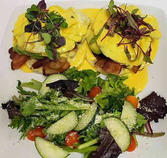 Product: Toasted Sourdough english muffin, topped with applewood smoked bacon thick cut, half an avocado on each side, 2 organic cage free eggs, house hollandaise sauce. - The Bee Hive in Whittier, CA Delicatessen Restaurants