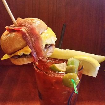 Product: Brentwood Café & Tavern's Hangover Breakfast - a loaded Absolut bloody mary and breakfast slider...drop the bacon in your drink or stuff it in the slider! - The Brentwood Cafe and Tavern in Southwest Las Vegas, Just off of 215/South Rainbow - Las Vegas, NV American Restaurants