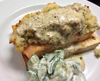 Product: Cedar Plank Roasted Wild Salmon with Herbed Cucumber Crème Fraiche Salad - The Caboose Restaurant in Located in Beautiful Downtown McComb - McComb, MS Cajun & Creole Restaurant