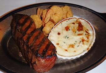 Product: New York Strip Paired with au Gratin Potatoes and Fried Gulf Shrimp - The Caboose Restaurant in Located in Beautiful Downtown McComb - McComb, MS Cajun & Creole Restaurant