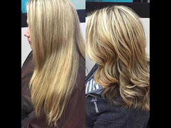 Product: A full highlight with a beautiful deep lowlite added for some depth to add contrast to these long waves. - The Color Room Salon in Florence, KY Beauty Salons