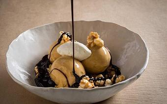 Product: Salted Caramel Sundae, Candied Popcorn And Peanuts, Fudge Sauce - The Inn at Pound Ridge in Pound Ridge, NY American Restaurants