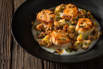 Product: Sauteed Diver Scallops, Meyer Lemon-Cauliflower Sauce, Fried Onions, Garlic and Capers - The Inn at Pound Ridge in Pound Ridge, NY American Restaurants