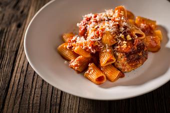 Product: Rigatoni With Meatballs And Smoked Chili - Tomato Ragu, Grated Parmesan - The Inn at Pound Ridge in Pound Ridge, NY American Restaurants
