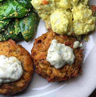 Product: Old Bay seasoned seitan patties. - The Land of Kush in Mount Vernon - Baltimore, MD Soul Food Restaurants