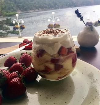 Product: organic strawberries, lemon custard, sponge cake, 
fennel syrup, theo chocolate shavings - The Mansion Restaurant at Rosario Resort & Spa in Rosario - Eastsound, WA Locally Sourced Restaurants