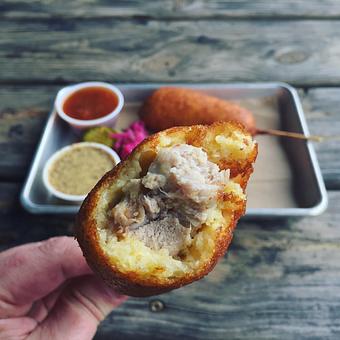 Product: Pork Belly Corn Dogs - The Pig & Pint in Historic Fondren - Jackson, MS Barbecue Restaurants