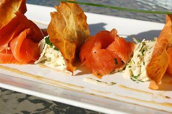 Product: Catsmo Wild Smoked Salmon with Pear-Celery Root Remoulade, Celery Root Chips and Cider Glaze - The Plaza Café in Southampton Village - Southampton, NY American Restaurants