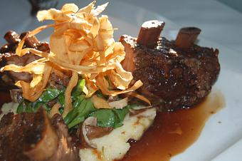 Product: Port Wine Braised Short Ribs with Parsnip-Vanilla Puree, Warm Salad of Spinach, Shiitakes, and Parsnip Chips - The Plaza Café in Southampton Village - Southampton, NY American Restaurants