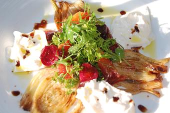 Product: tomato 'jam', roasted fennel, micro beet salad, balsamic syrup - The Plaza Café in Southampton Village - Southampton, NY American Restaurants