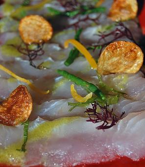 Product: Local Fluke Sashimi with Jalopeno-Yuzu Emulsion, Fingerling Potato Chips, Sea Beans, Meyer Lemon Confit and Shisho Leaf - The Plaza Café in Southampton Village - Southampton, NY American Restaurants