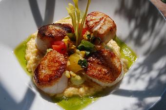 Product: Seared Local Sea Scallops with Sweet Corn Polenta, Heirloom Cherry Tomato Corn Salsa, Basil Aioli, Basil Oil, Popcorn Shoots - The Plaza Café in Southampton Village - Southampton, NY American Restaurants