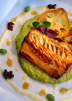 Product: Soy-Acacia Marinated Black Cod, Edamame Puree, Yuzu Beuree Blanc, Soy 'Pearls', Lotus Chips, Micro Wasabi - The Plaza Café in Southampton Village - Southampton, NY American Restaurants