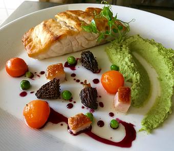 Product: Sauteed Local Striped Bass with Pea-Mascarpone Puree, Slow cooked Pork Bellie, Morels, "Peas & Carrots", Beurre Rouge (Dinner Menu) - The Plaza Café in Southampton Village - Southampton, NY American Restaurants