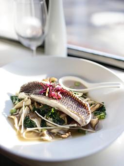 Product: ginger-lemongrass broth, udon noodles, shiitakes, matsuki, enoki, swiss chard - The Plaza Café in Southampton Village - Southampton, NY American Restaurants