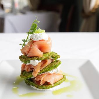 Product: pea pancake, vodka creme fraiche, wasabi tobiko - The Plaza Café in Southampton Village - Southampton, NY American Restaurants