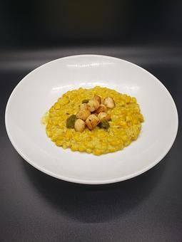 Product: 3oz of scallops served with creamed corn & pickled onion - The Pressed Penny Tavern in Kansas City, MO American Restaurants