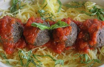 Product: Spaghetti squash and our mushroom meatballs served with our own marinara sauce. - The Pureganic Cafe in Downtown Rye - Harrison, NY Jewish & Kosher Restaurant