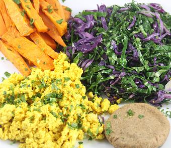 Product: scrambled tofu (or veggies, sweet potato fries, sauted greens and maple "sausage". - The Pureganic Cafe in Downtown Rye - Harrison, NY Jewish & Kosher Restaurant