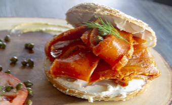 Product: Yummy GF bagel w/ vegan lox and cashew cream cheese. - The Pureganic Cafe in Downtown Rye - Harrison, NY Jewish & Kosher Restaurant