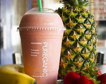 Product: YUM! 16oz of fresh organic pineapple, strawberry and banana. Sooo good and healthy. - The Pureganic Cafe in Downtown Rye - Harrison, NY Jewish & Kosher Restaurant