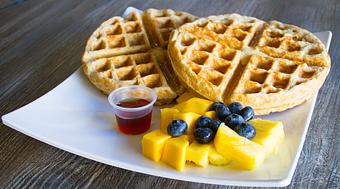 Product: Yummy freshly made GF Waffles and Pancakes. - The Pureganic Cafe in Downtown Rye - Harrison, NY Jewish & Kosher Restaurant