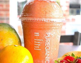 Product: Soooo refreshing & delicous. Strawberry, mango, orange, apple & banana blended together into an incredibly yummy 16oz  smoothie - The Pureganic Cafe in Downtown Rye - Harrison, NY Jewish & Kosher Restaurant