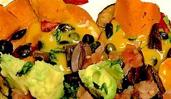 Product: Sweet potato nachos made with vegan cheese. - The Pureganic Cafe in Downtown Rye - Harrison, NY Jewish & Kosher Restaurant