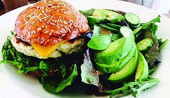 Product: Chicken Burger w/ Chipotle & Arugula - The Shores Kitchen in Santa Monica, CA Hamburger Restaurants