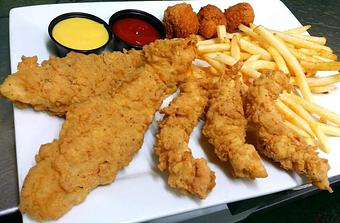 Product: Two pieces of our deilicious handbattered chicken battered catfish paired with 3 of our handcut chicken tenders, both deep to a rich golden brown. Served with two side items. This will most definately leave you both happy & full. - The White Possum Grille in Smithville, TN American Restaurants
