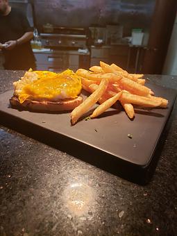 Product: Open faced sandwich with Fries and a choice of Claim Chowder or Lobster Bisque. - Tomahawk Steak, Chops, and Seafood in San Ramon, CA American Restaurants