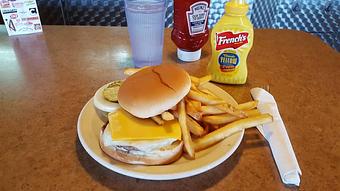 Product: One patty hamburger with swiss and American cheese with French fries or mac and cheese - Tommy's Restaurant in Grand Island, NE Sandwich Shop Restaurants