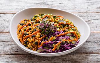 Product: organic red lentils, corn, roasted poblanos, red cabbage, celery, tomato pesto, pumpkin seeds, chipotle lime dressing - Urban Plates in Del Mar - San Diego, CA American Restaurants