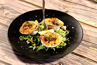 Product: 3 cherrystone clams, sweet corn purée, shishito peppers,bacon, garlic, breadcrumbs - Washington Prime in South Norwalk, CT American Restaurants