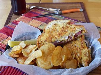 Product: Grilled Summer Sausage - Jim's Blue Ribbon Summer Sausage, muenster cheese, brown mustard, onions grilled on rye bread - West Allis Cheese & Sausage Shoppe in West Allis, WI Coffee, Espresso & Tea House Restaurants