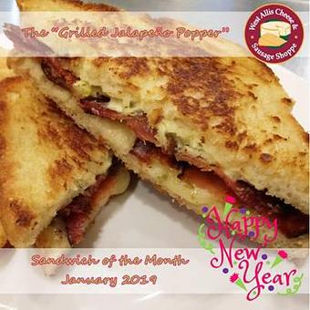 Product: The Jalapeno Popper - double jalapeno cheddar, bacon, jalapeno cream cheese spread grilled on white bread - West Allis Cheese & Sausage Shoppe in West Allis, WI Coffee, Espresso & Tea House Restaurants