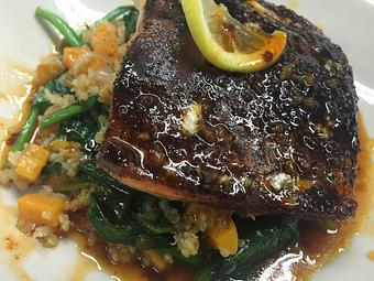 Product: Coffee/Cocoa Crusted Salmon - Woody's Tupelo in Tupelo, MS Hamburger Restaurants