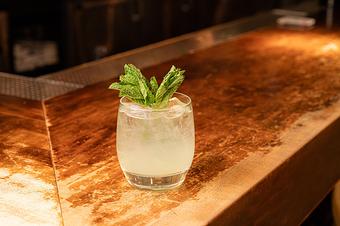 Product: A pale liquid with ice in a short glass, garnished with fresh green mint on a wooden bar top - Lil’ Ba-Ba-Reeba! in River North - Chicago, IL Bars & Grills