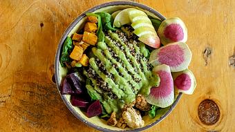 Product: Quinoa, spinach, roasted butternut squash, roasted beet, roasted cauliflower, Honeycrisp apple, beauty heart radish, avocado dressing - Longtable Beer Cafe in Downtown Middleton - Middleton, WI American Restaurants