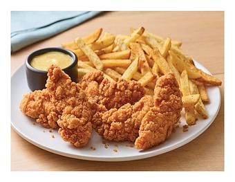 Product: Served with 4 pieces  of crispy Chicken tenderloin over French fries, side Honey Mustard & Ketchup - 3 Brothers Pizza & Restaurant in Seaport Pier - Wildwood, NJ Pizza Restaurant