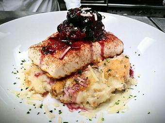 Product: Halibut with Three Cheese Potato Fondue and Macerated Berries - Acqua Restaurant-White Bear Lake in White Bear Lake, MN Bars & Grills