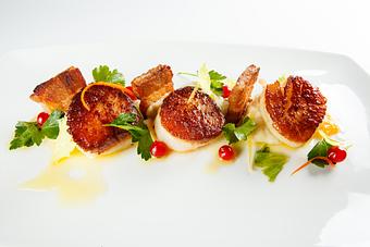 Product: Pan seared scallops, slow roasted pork belly, Yukon gold potato puree, 
green beans, citrus marmalatta - Angelina’s Ristorante in Bonita Springs, FL Italian Restaurants