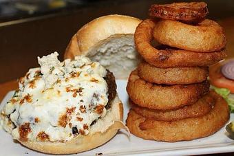 Product: bleu cheese burger with crispy onion rings - Ark Pub & Eatery in Pt Pleasant Beach, NJ American Restaurants